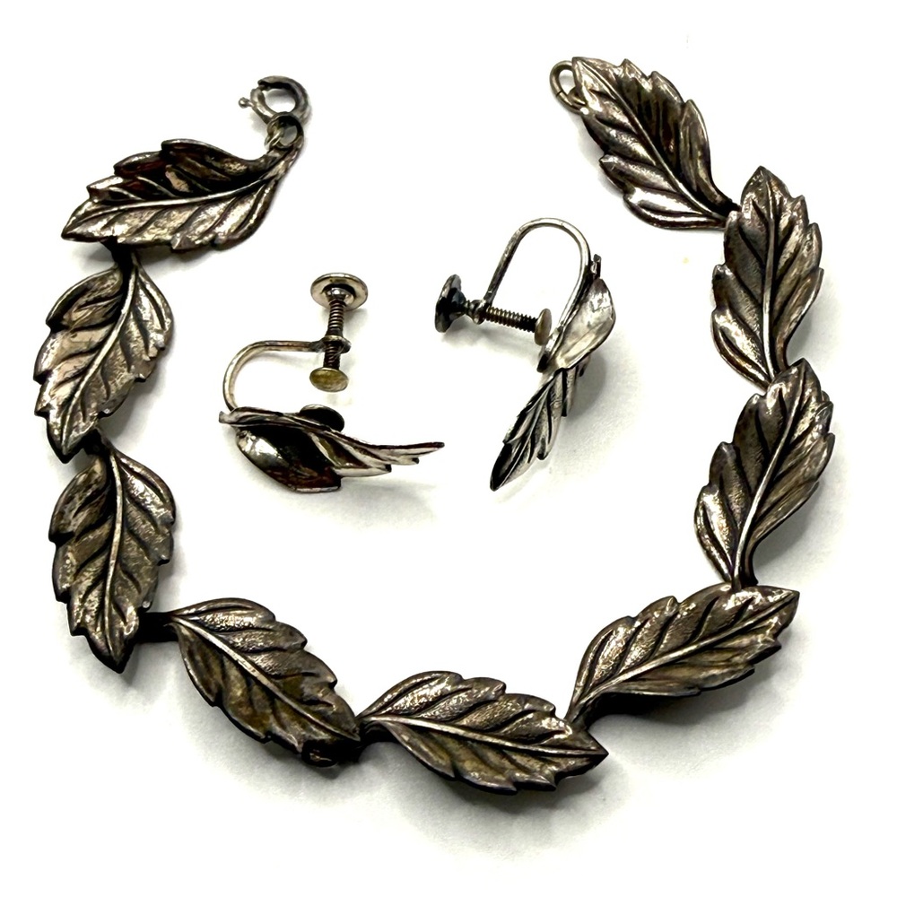 Beau Sterling Leaf Bracelet Set 1950s Mid Century Matching Earrings Signed